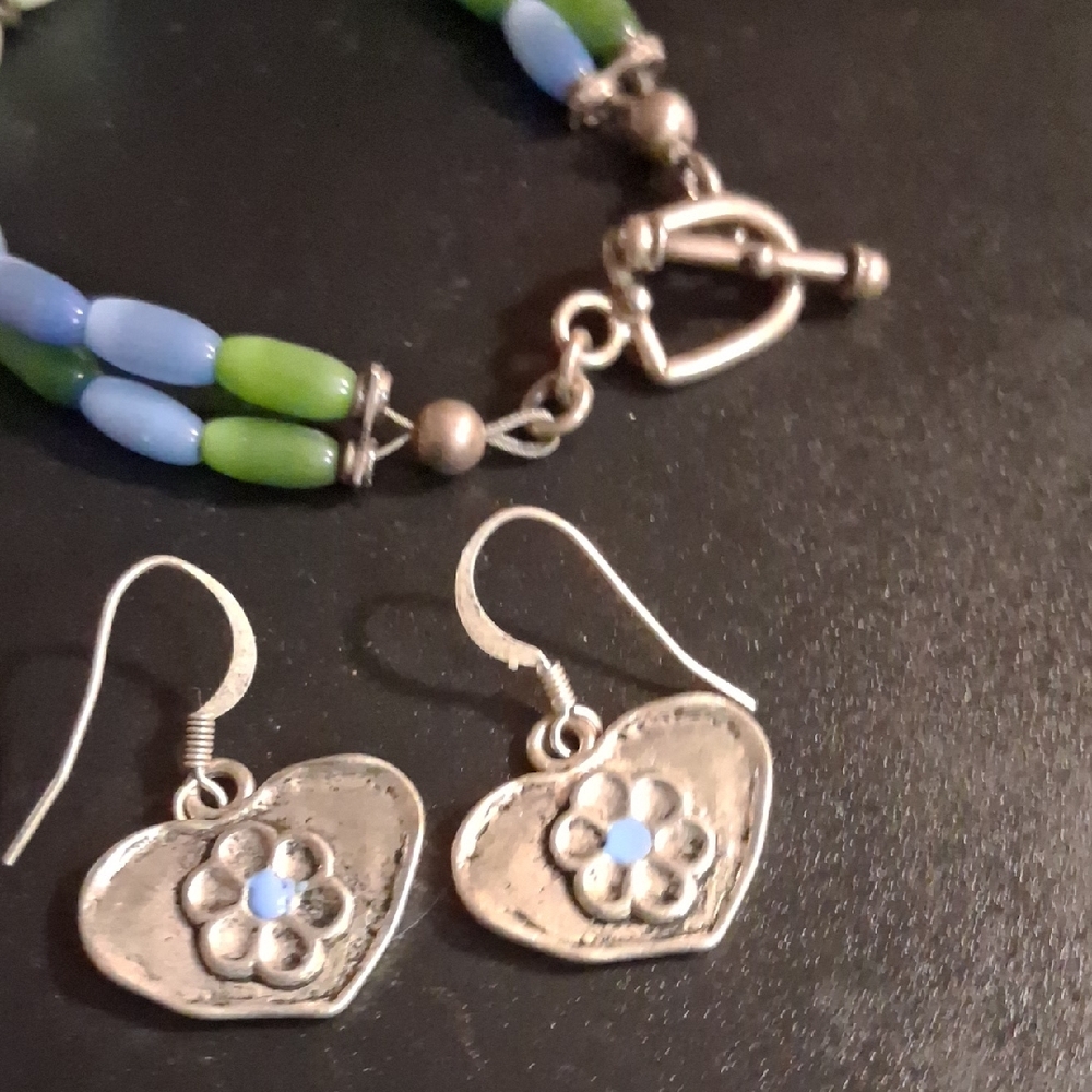 Silver Heart Earrings with Blue and Green Beaded Bracelet